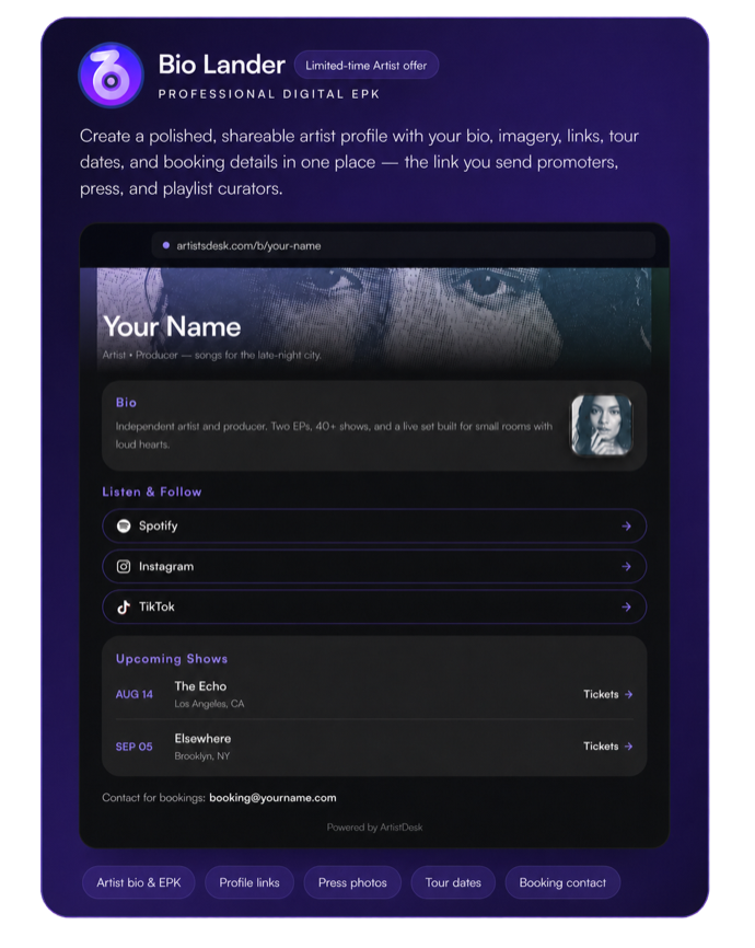 Bio Lander digital EPK showing an artist bio, social links, tour dates, and booking information